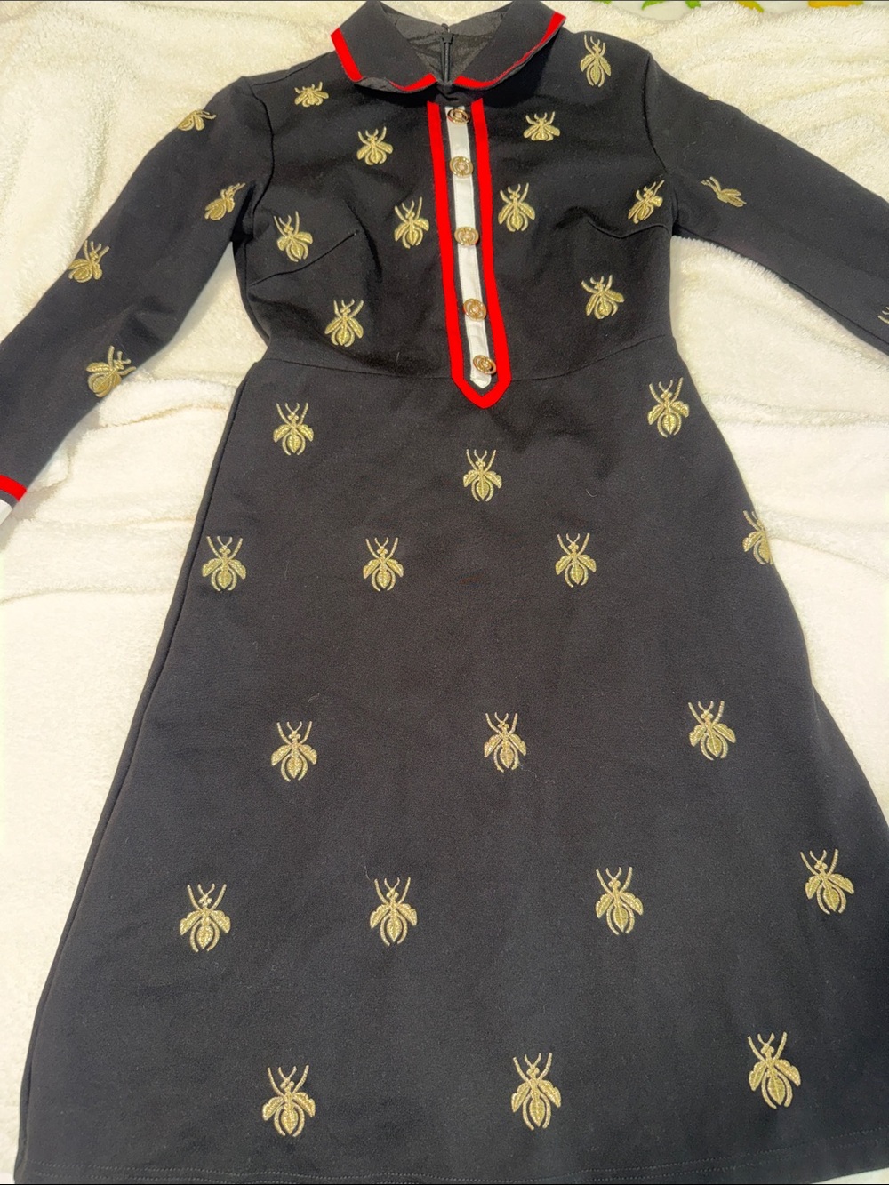 Black Long-Sleeve Embroidered Bee Dress with Red Trim
